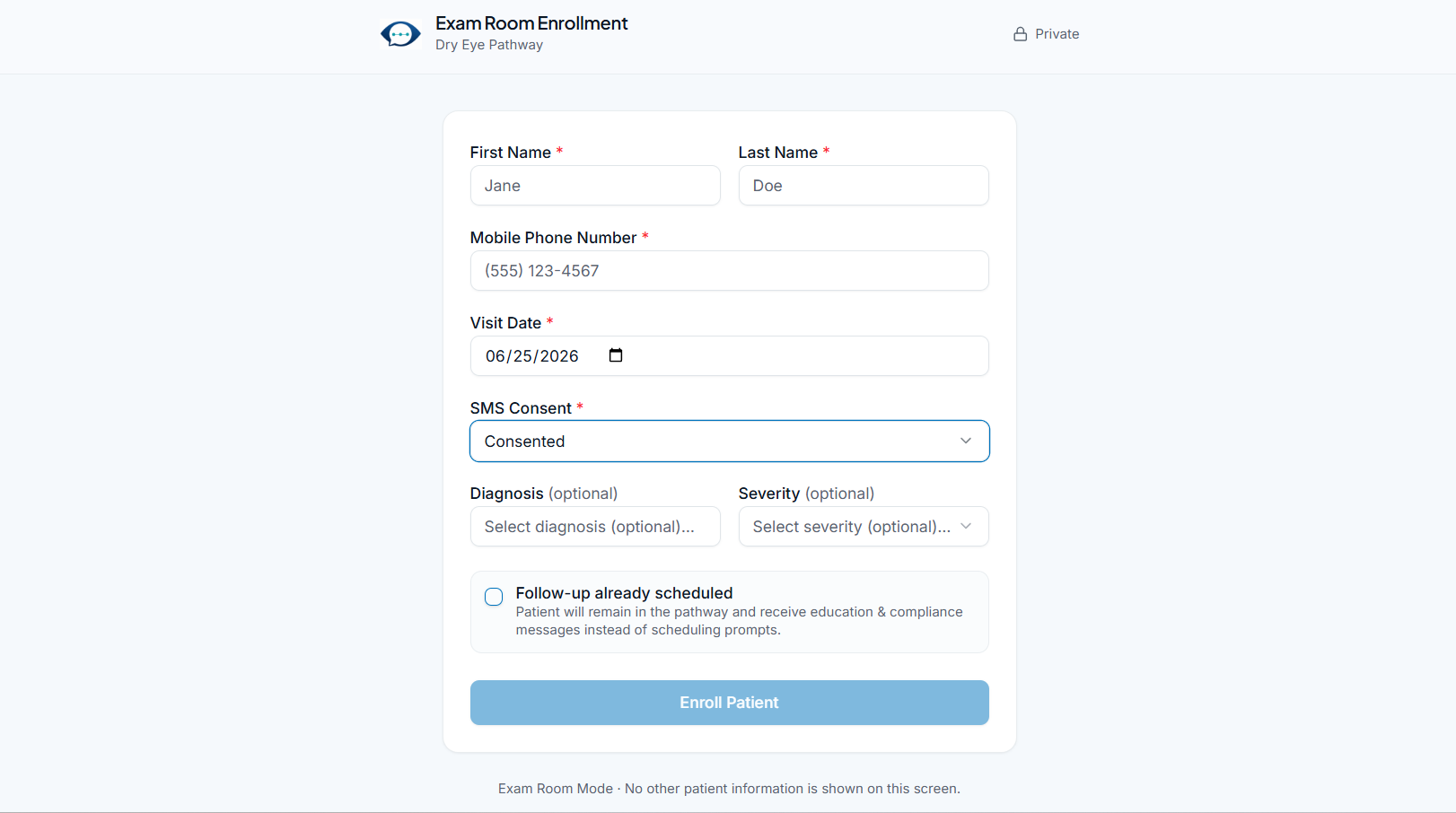 ENGAGE Exam Room Enrollment screen showing required SMS Consent field set to Consented before a patient can be enrolled.
